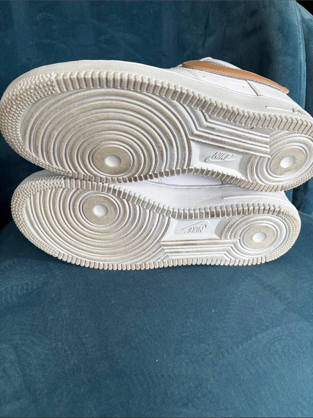 Nike White Sneakers with Tan Swoosh and Navy Heel
